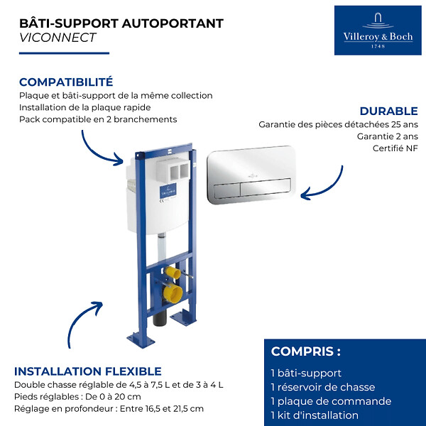 VILLEROY ET BOCH - Bati support wc  Viconnect avec plaque chromée - large