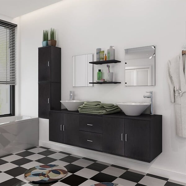 VIDAXL - vidaXL Meuble de salle de bain 11 pcs avec lavabo et robinet Noir - large