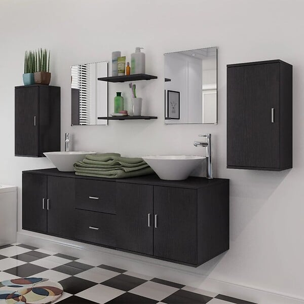 VIDAXL - vidaXL Meuble de salle de bain 11 pcs avec lavabo et robinet Noir - large