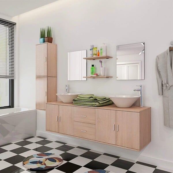 VIDAXL - vidaXL Meuble de salle de bain 11 pcs avec lavabo et robinet Beige - large