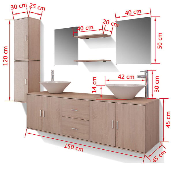 VIDAXL - vidaXL Meuble de salle de bain 11 pcs avec lavabo et robinet Beige - large