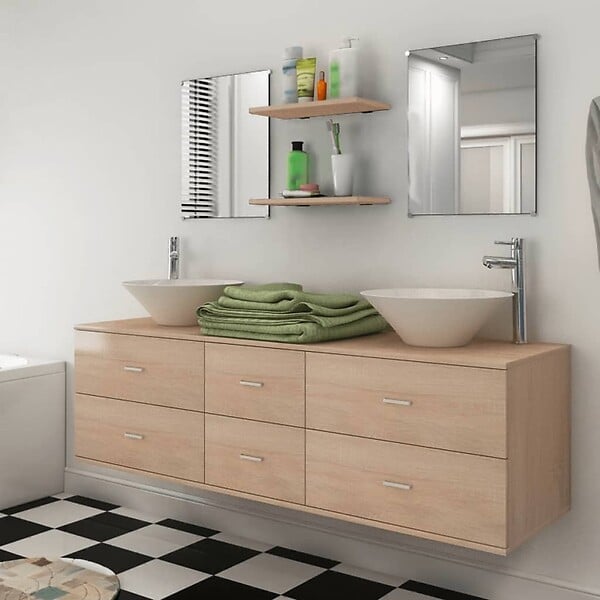 VIDAXL - vidaXL Meuble de salle de bain 9 pcs avec lavabo et robinet Beige - large