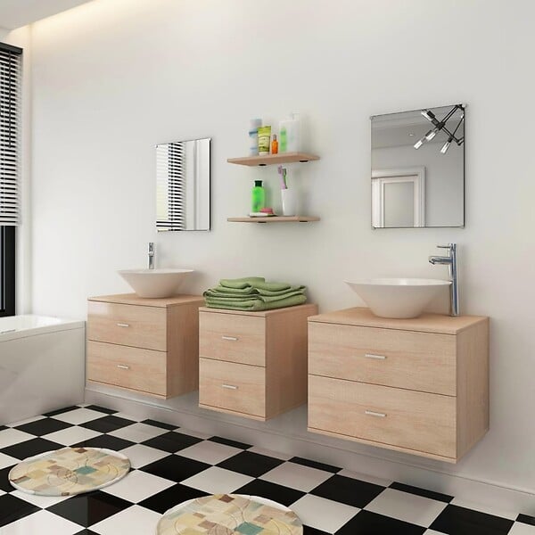 VIDAXL - vidaXL Meuble de salle de bain 9 pcs avec lavabo et robinet Beige - large