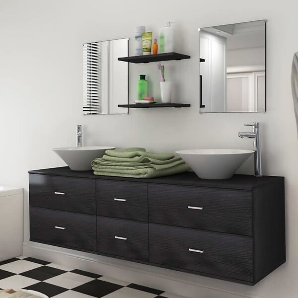 VIDAXL - vidaXL Meubles de salle de bain 9 pcs avec lavabo et robinet Noir - large