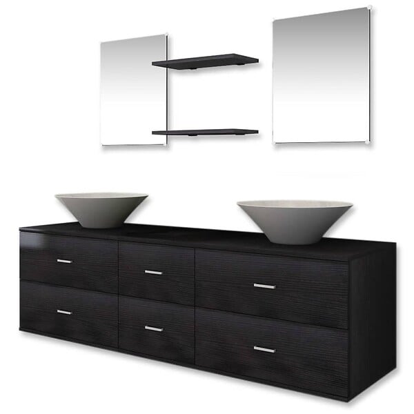 VIDAXL - vidaXL Meubles de salle de bain 9 pcs avec lavabo et robinet Noir - large