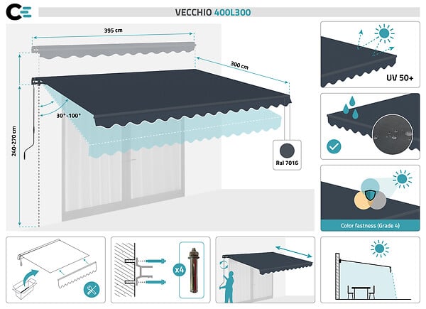 CAZEBOO - Cazeboo Store banne monobloc VECCHIO 4 m x 3 m - Toile premium 320g/m2 Gris - large