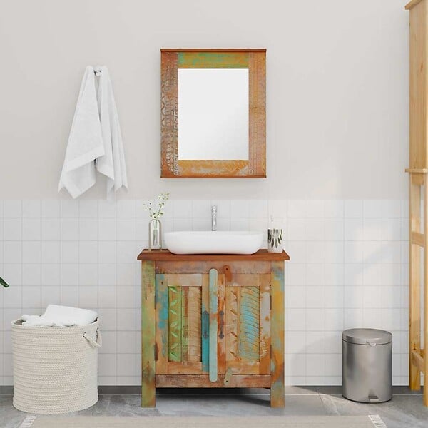 VIDAXL - Ensemble meuble sous vasque et miroir en bois massif recyclé - large