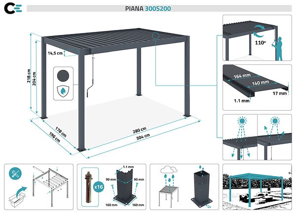 CAZEBOO - Cazeboo Pergola bioclimatique autoportée PIANA 3x2m aluminium gris - lames orientables - large