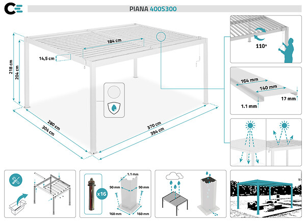 CAZEBOO - Cazeboo Pergola bioclimatique autoportée PIANA 4x3 m aluminium blanc - lames orientables - pergola autoportée 3x4 m - large