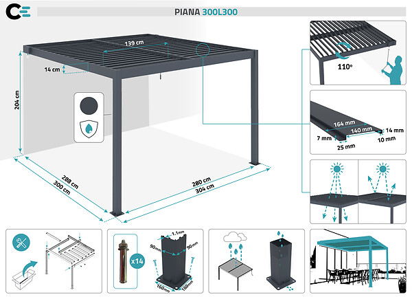 CAZEBOO - Cazeboo Pergola bioclimatique adossée PIANA 3x3 m aluminium gris - Lames orientables - large