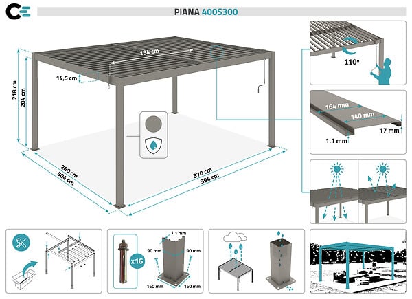 CAZEBOO - Cazeboo Pergola bioclimatique autoportée PIANA 4x3 m aluminium taupe - Lames orientables - large
