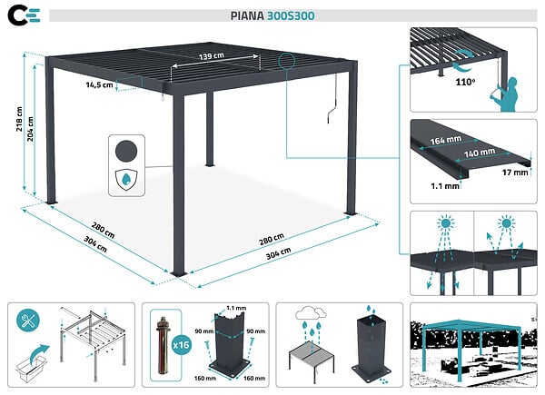 CAZEBOO - Cazeboo Pergola bioclimatique autoportée PIANA 3x3 m aluminium gris - lames orientables - large