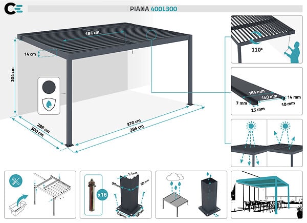 CAZEBOO - Cazeboo Pergola bioclimatique adossée PIANA 4x3 m aluminium gris - Lames orientables - large