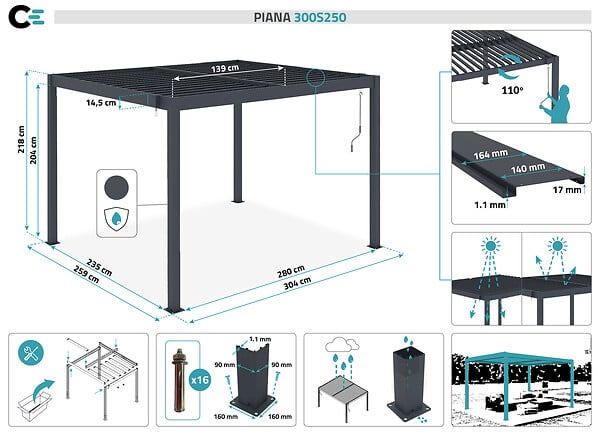 CAZEBOO - Cazeboo Pergola bioclimatique autoportée PIANA 3x2,5 m aluminium gris - lames orientables - large