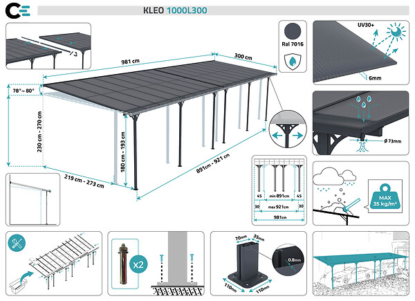 CAZEBOO - Cazeboo Pergola/Carport adossée 30m² KLEO 10x3 m gris - toit terrasse en aluminium et polycarbonate - large