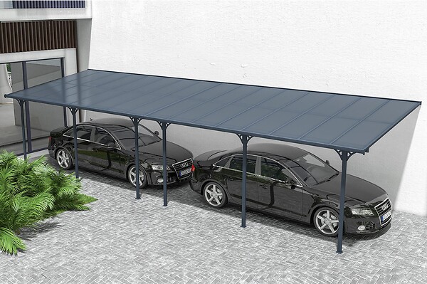 CAZEBOO - Cazeboo Pergola/Carport adossée 30m² KLEO 10x3 m gris - toit terrasse en aluminium et polycarbonate - large