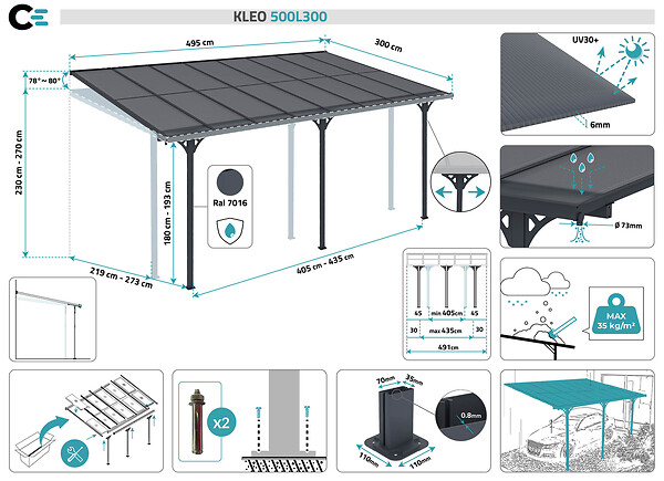 CAZEBOO - Cazeboo Carport adossé aluminium 15 m² 5 x 3 m toiture polycarbonate 6 mm anti-UV gris anthracite thermolaqué toit incliné réglable kit complet gouttière KLEO - large