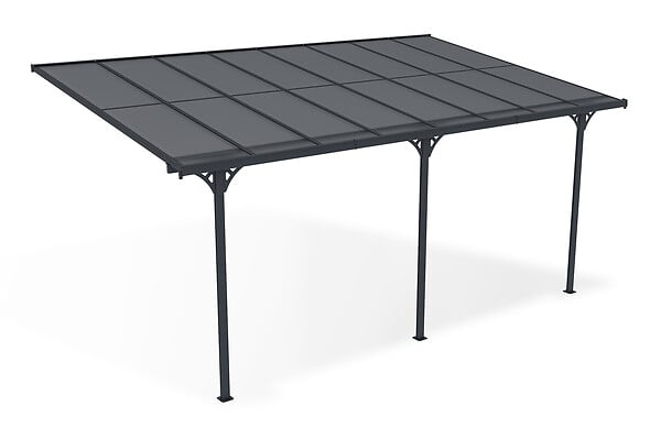 CAZEBOO - Cazeboo Carport adossé aluminium 15 m² 5 x 3 m toiture polycarbonate 6 mm anti-UV gris anthracite thermolaqué toit incliné réglable kit complet gouttière KLEO - large