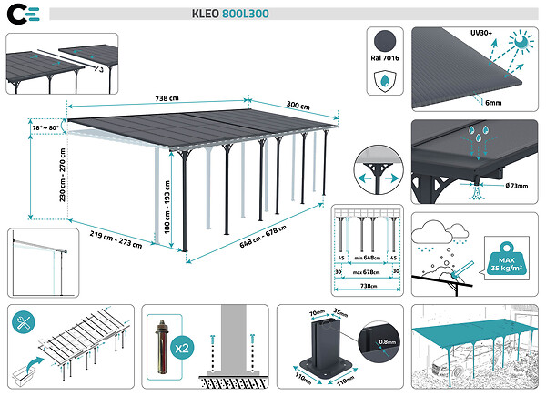 CAZEBOO - Cazeboo Pergola/Carport adossée 24 m² KLEO 8x3 m gris - toit terrasse en aluminium et polycarbonate - large