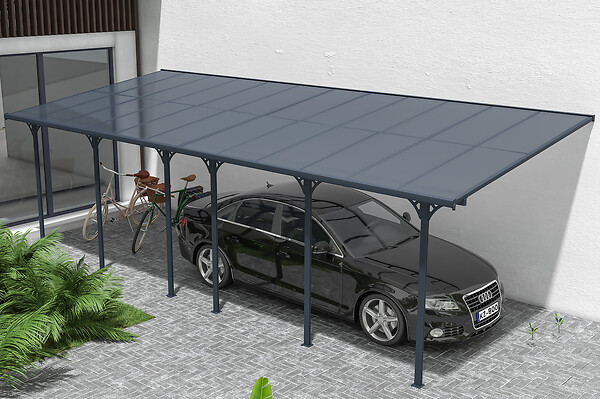 CAZEBOO - Cazeboo Pergola/Carport adossée 24 m² KLEO 8x3 m gris - toit terrasse en aluminium et polycarbonate - large