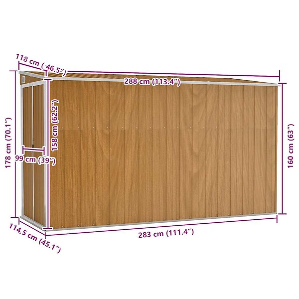 VIDAXL - vidaXL Abri de jardin mural Marron 118x288x178 cm Acier galvanisé - large