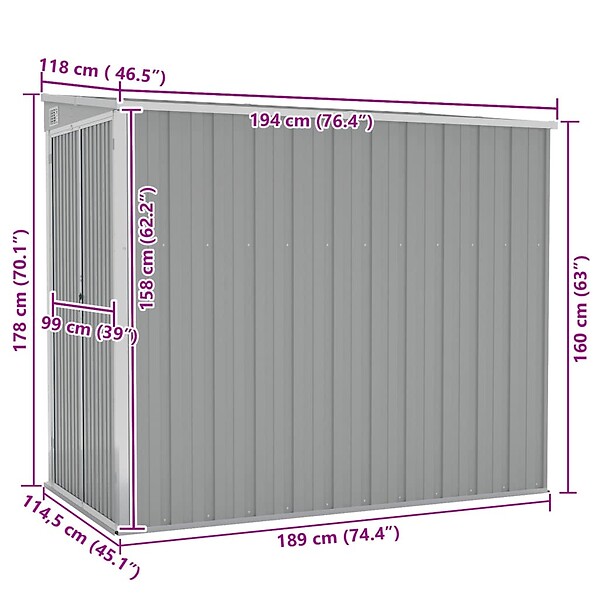 VIDAXL - vidaXL Abri de jardin mural Gris 118x194x178 cm Acier galvanisé - large