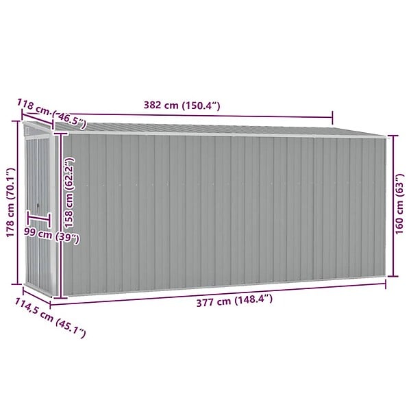 VIDAXL - vidaXL Abri de jardin mural Gris 118x382x178 cm Acier galvanisé - large