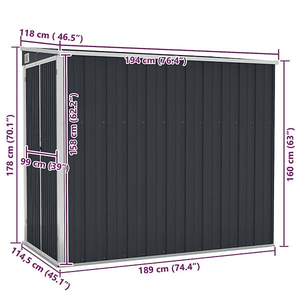 VIDAXL - vidaXL Abri de jardin mural Anthracite 118x194x178 cm Acier - large