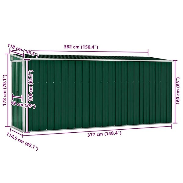 VIDAXL - vidaXL Abri de jardin mural Vert 118x382x178 cm Acier galvanisé - large