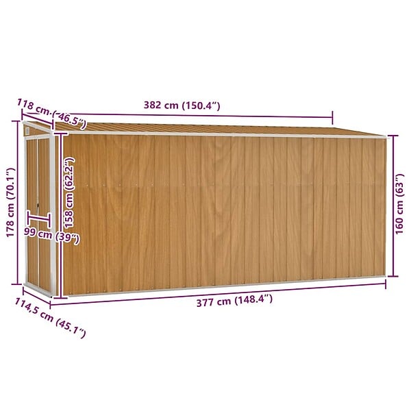 VIDAXL - vidaXL Abri de jardin mural Marron 118x382x178 cm Acier galvanisé - large