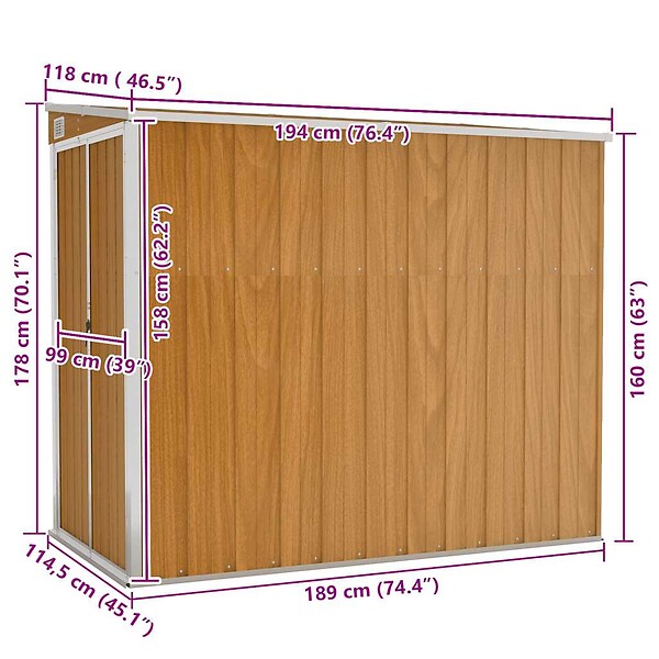 VIDAXL - vidaXL Abri de jardin mural Marron 118x194x178 cm Acier galvanisé - large