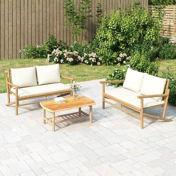 VIDAXL - vidaXL Banc de jardin avec coussins blanc crème bambou - large