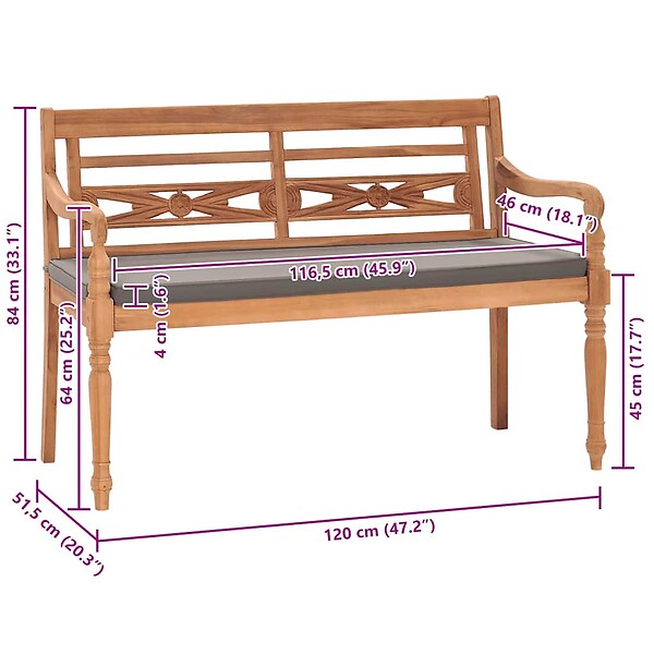 VIDAXL - vidaXL Banc Batavia avec coussin gris foncé 120 cm Bois de teck massif - large