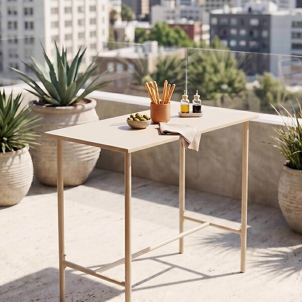 OVIALA - Table haute de jardin en métal ivoire 120 cm - Palavas - large