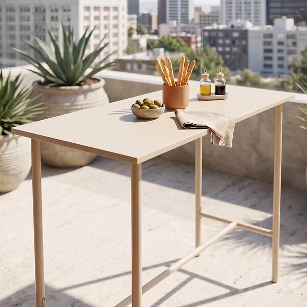 OVIALA - Table haute de jardin en métal ivoire 120 cm - Palavas - large
