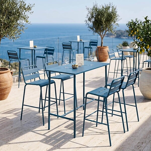 OVIALA - Table haute de jardin en métal bleu pacific 120 cm - Palavas - large