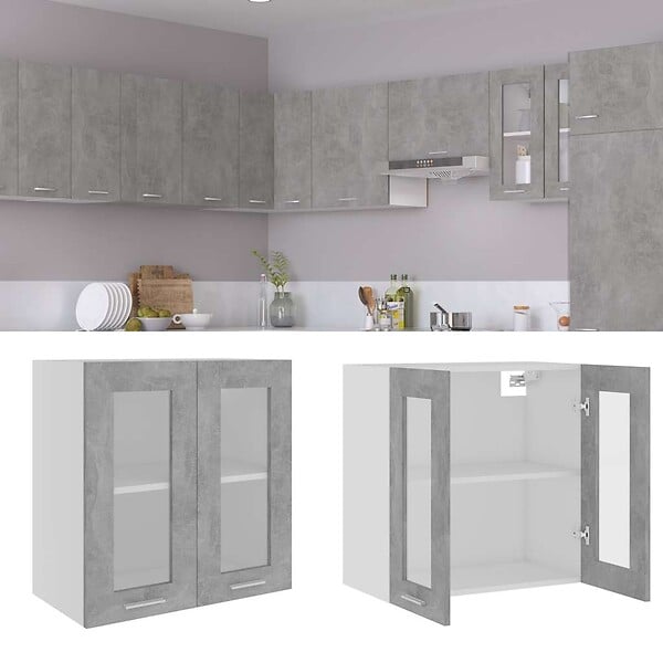 VIDAXL - vidaXL Armoire en verre suspendue "Lyon" Gris béton Bois d'ingénierie - large