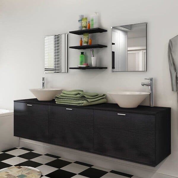 VIDAXL - vidaXL Dix pcs mobilier meuble pour salle de bains avec lavabo et robinet noir - large