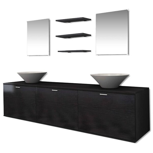 VIDAXL - vidaXL Dix pcs mobilier meuble pour salle de bains avec lavabo et robinet noir - large
