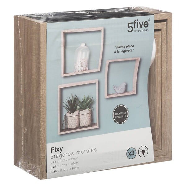 5 FIVE SIMPLY SMART - Lot de 3 Étagères murales flottantes Cubes coloris Chêne naturel Fixations invisibles - large