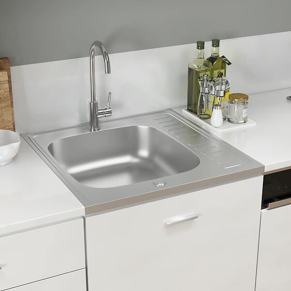 VIDAXL - vidaXL Jeu d'évier de cuisine et égouttoir argenté 600x600x155 mm inox - large