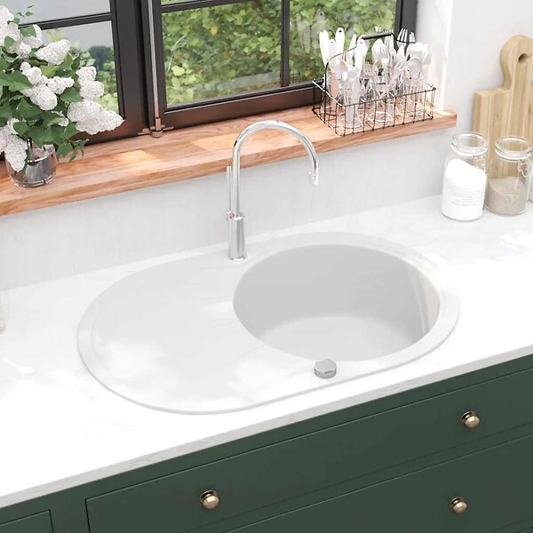 VIDAXL - vidaXL Évier de cuisine Granit Seul lavabo Ovale Blanc - large