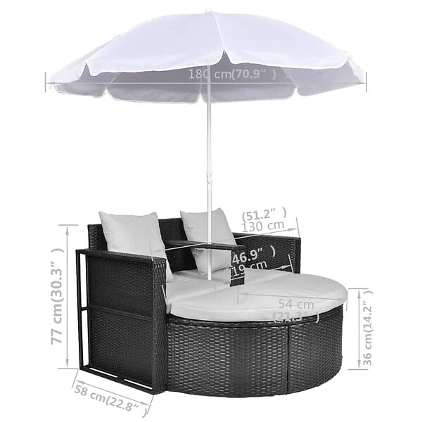VIDAXL - vidaXL Lit de jardin avec parasol Noir Résine tressée - large