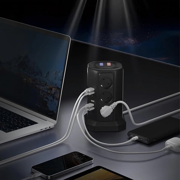 ENTREPOT BRICO - Multiprise sur pied avec protection foudre 12 prises + 5 ports USB - large