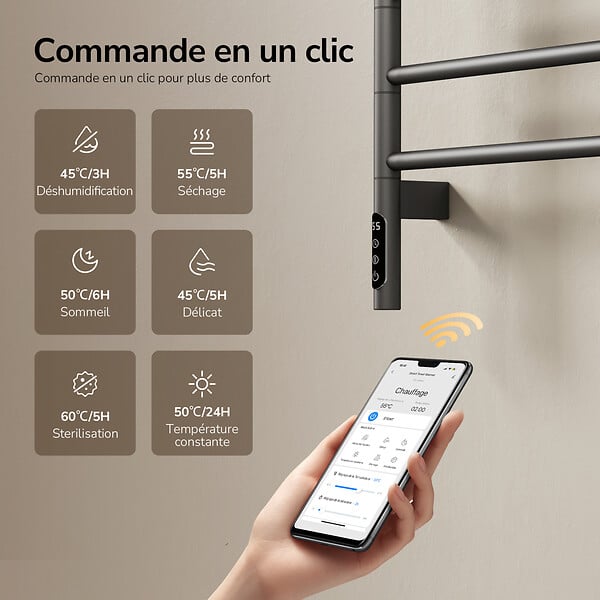 EMKE - EMKE Sèche-serviettes électrique salle de bain, Barres Pivotantes 180 degrés, 78 x 45 cm, WiFi App/Alexa, Écran tactile, Gris - large