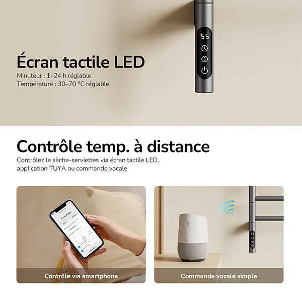 EMKE - EMKE Sèche-serviettes électrique salle de bain, Barres Pivotantes 180 degrés, 78 x 45 cm, WiFi App/Alexa, Écran tactile, Gris - large
