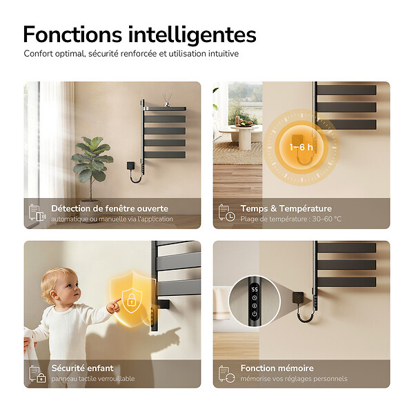 EMKE - EMKE Sèche-serviettes Électrique 76,9 x 45 cm, Barres pivotantes 180 degrés avec Étagère, WiFi App/Alexa, 120W, Gris - large