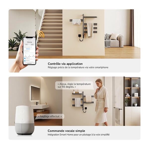 EMKE - EMKE Sèche-serviettes Électrique 76,9 x 45 cm, Barres pivotantes 180 degrés avec Étagère, WiFi App/Alexa, 120W, Gris - large