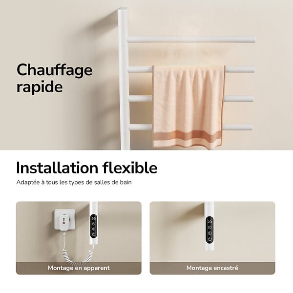 EMKE - EMKE Sèche-serviettes électrique salle de bain, Barres Pivotantes 180 degrés, 78 x 45 cm, WiFi App/Alexa, Écran tactile, Blanc - large
