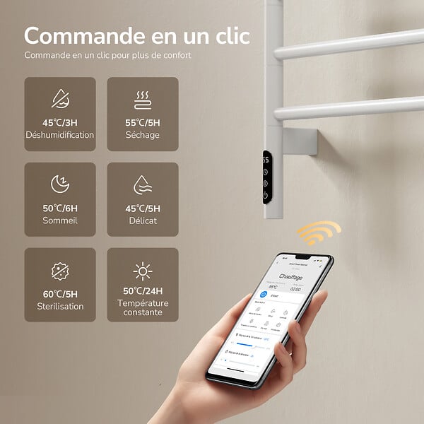 EMKE - EMKE Sèche-serviettes électrique salle de bain, Barres Pivotantes 180 degrés, 78 x 45 cm, WiFi App/Alexa, Écran tactile, Blanc - large